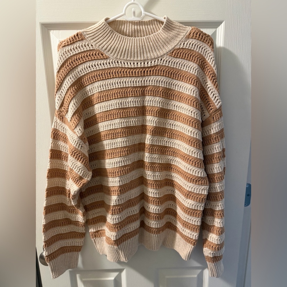 Time and Tru Cream and Tan Striped Turtleneck Sweater